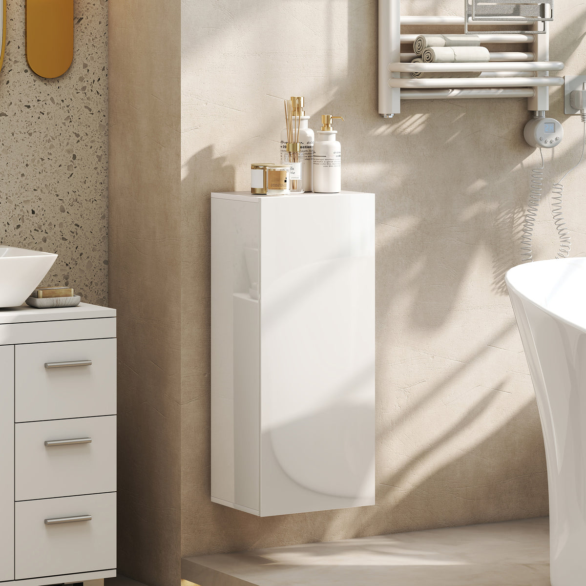 Meuble Mural de Salle de Bain, Étagère Réglable en Verre Trempé, Porte sans Poignée, Moderne, 30x23,4x71,2cm, Blanc-8
