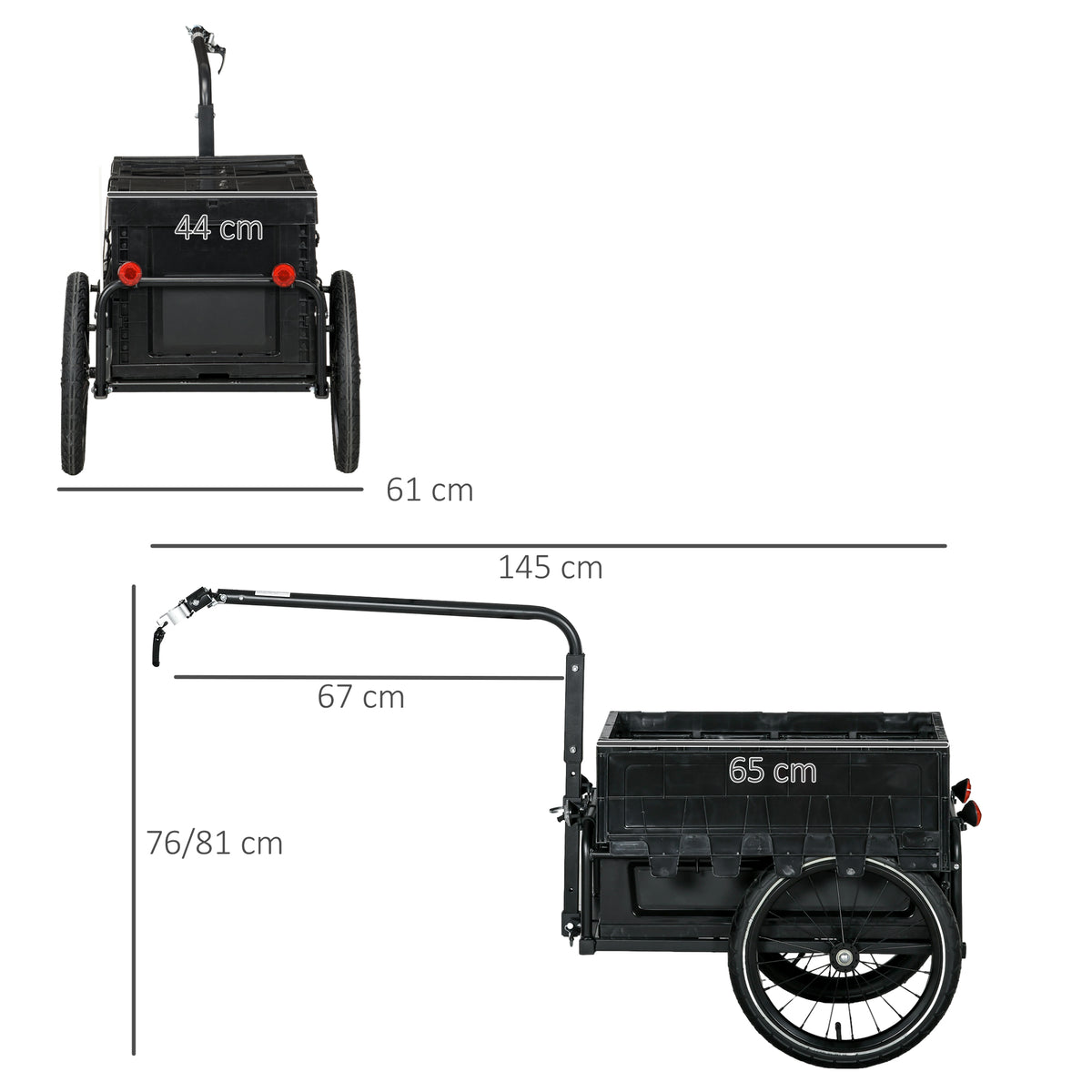 Remorque à vélo avec coffre de rangement amovible et pliable de 65L, réflecteurs de sécurité, charge max. 40KG, noir-2