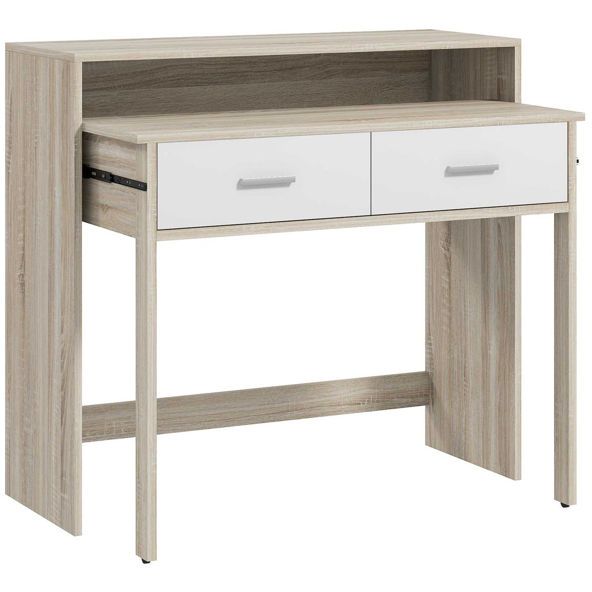 Table console avec plateau coulissant et 2 tiroirs, table de couloir avec rangement, 95l x 35P x 87H cm, aspect chêne-0