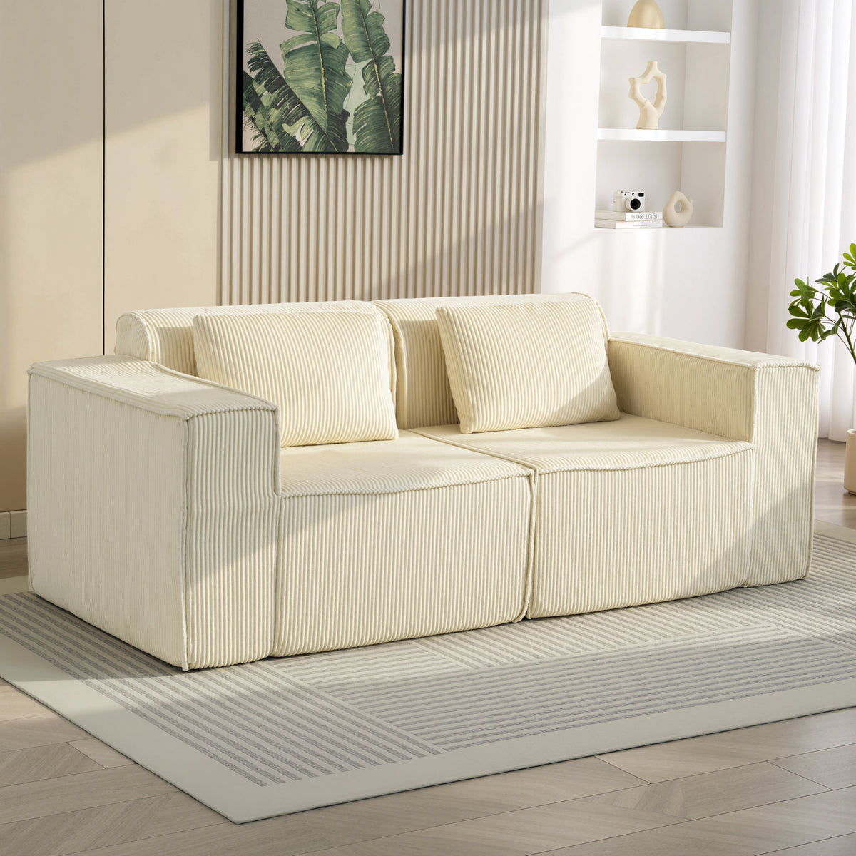 Canapé 3 places en velours côtelé, canapé rembourré, larges accoudoirs, 2 coussins, pas de montage, 202x90x76cm, beige-9