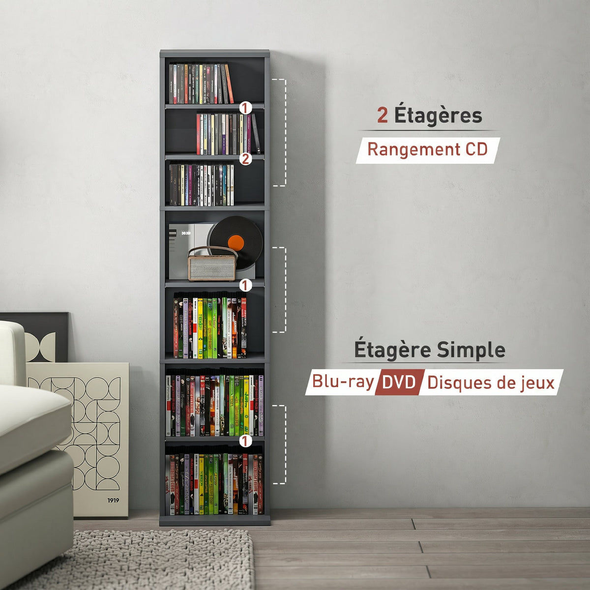 Rangements pour CD et DVD 9 compartiments et 6 étagères réglables capacité max. 260 CD/120 DVD 33 x 24 x 140 cm gris-7