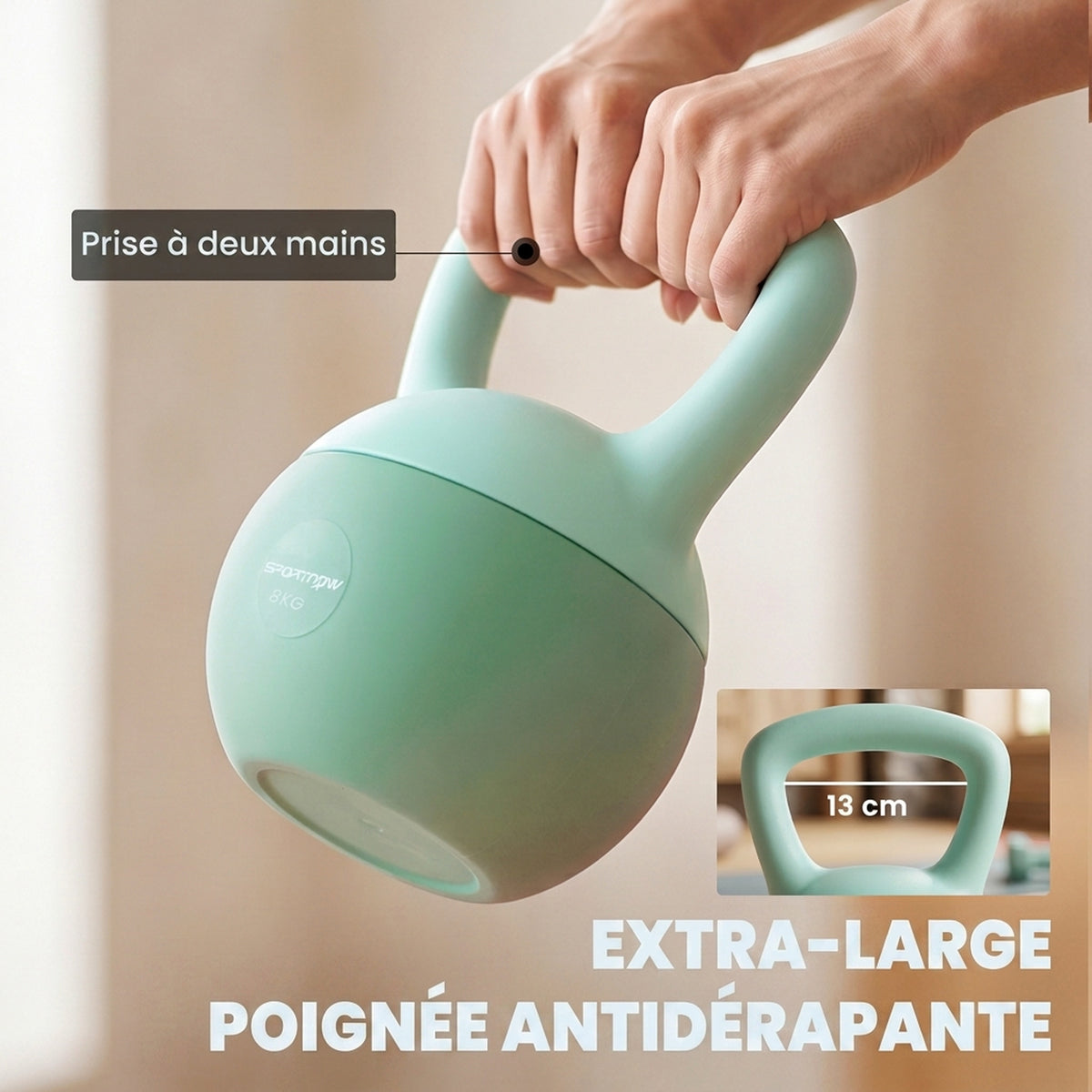 Kettlebell 8 kg, avec poignée antidérapante, pour fitness musculation cardio, 19 x 19 x 28 cm, vert-4