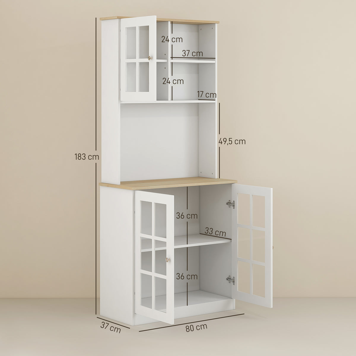 Buffet cuisine, meuble cuisine rangement haut, meuble de rangement avec plan de travail, 3 portes vitrées, 2-2