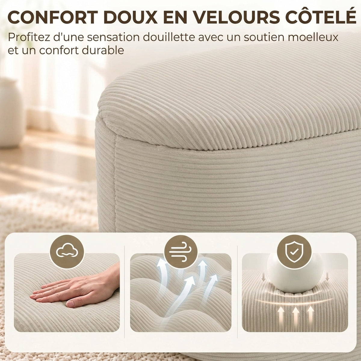 Banc de Rangement en Velours Pouf Coffre de Rangement Gigogne 3 en 1 avec 2 Petits Tabourets Intégrés 82x43x44cm Beige-3