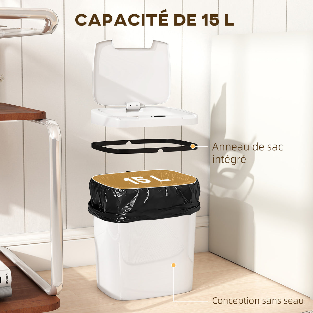 Poubelle de cuisine automatique 15L, poubelle à capteur de mouvement sans contact, 27,6 x 21,4 x 33,5 cm, blanc-5
