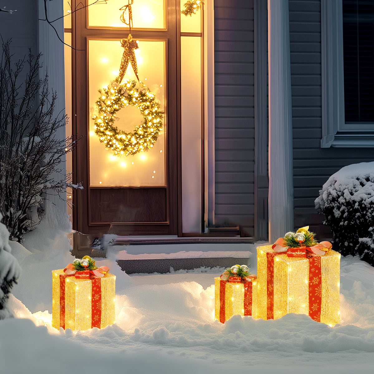 Boîtes cadeaux Noël lumineuse décorations de Noël avec nœud 58 lumières lot de 3 boîtes à cadeaux à LED or-1