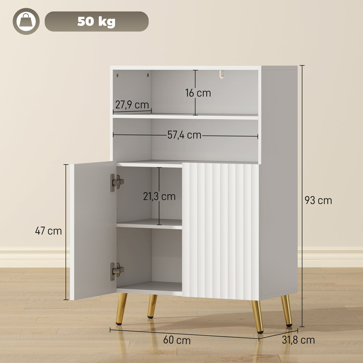 Meuble salle de bain, armoire salle de bain étroit 5 niveaux, portes cannelées à fermeture douce 60 x 31,8 x 93 cm blanc-2
