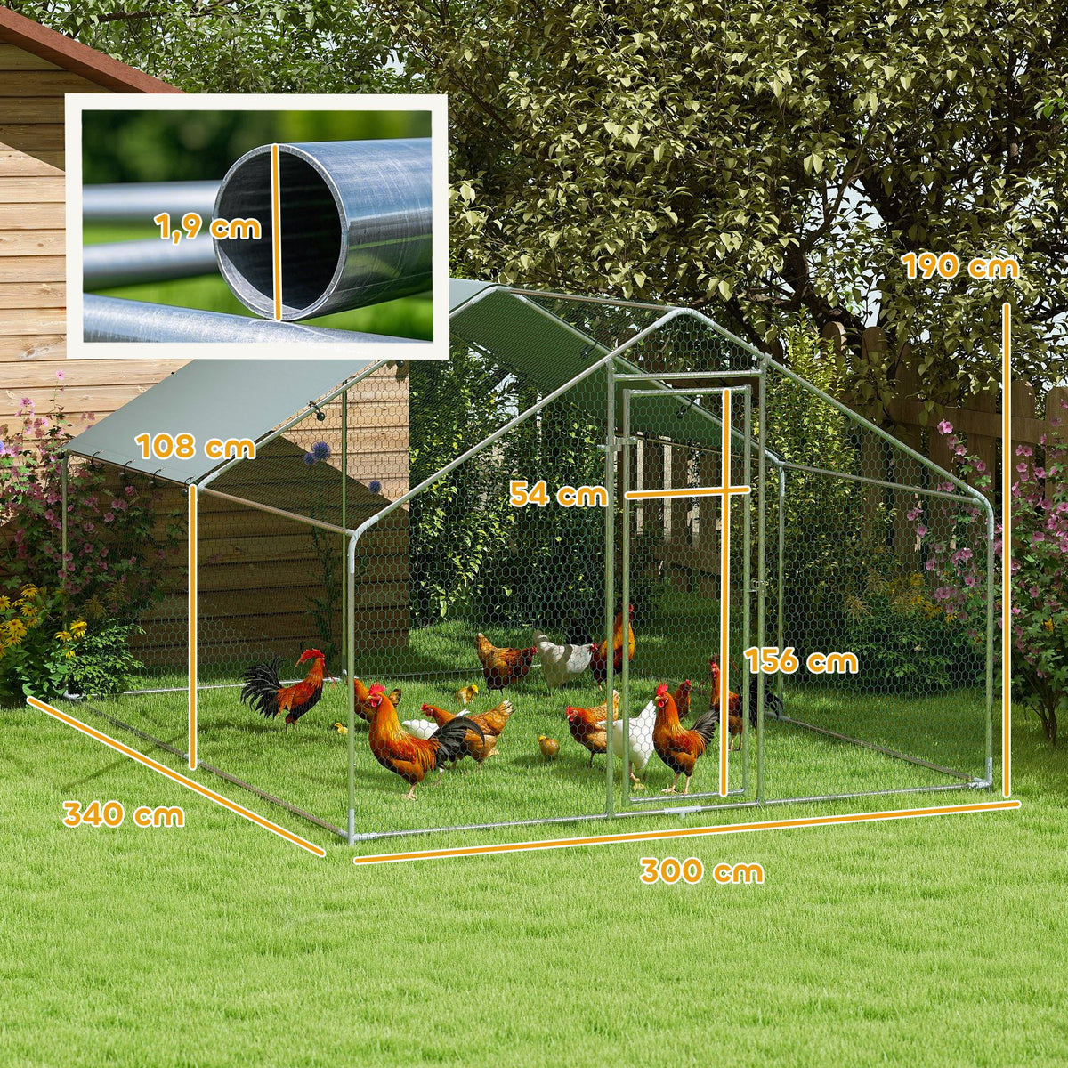 Poulailler, grand poulailler en métal avec couverture imperméable et anti-UV, cage pour 10-15 poules, 3 x 3,4 x 1,9m-2