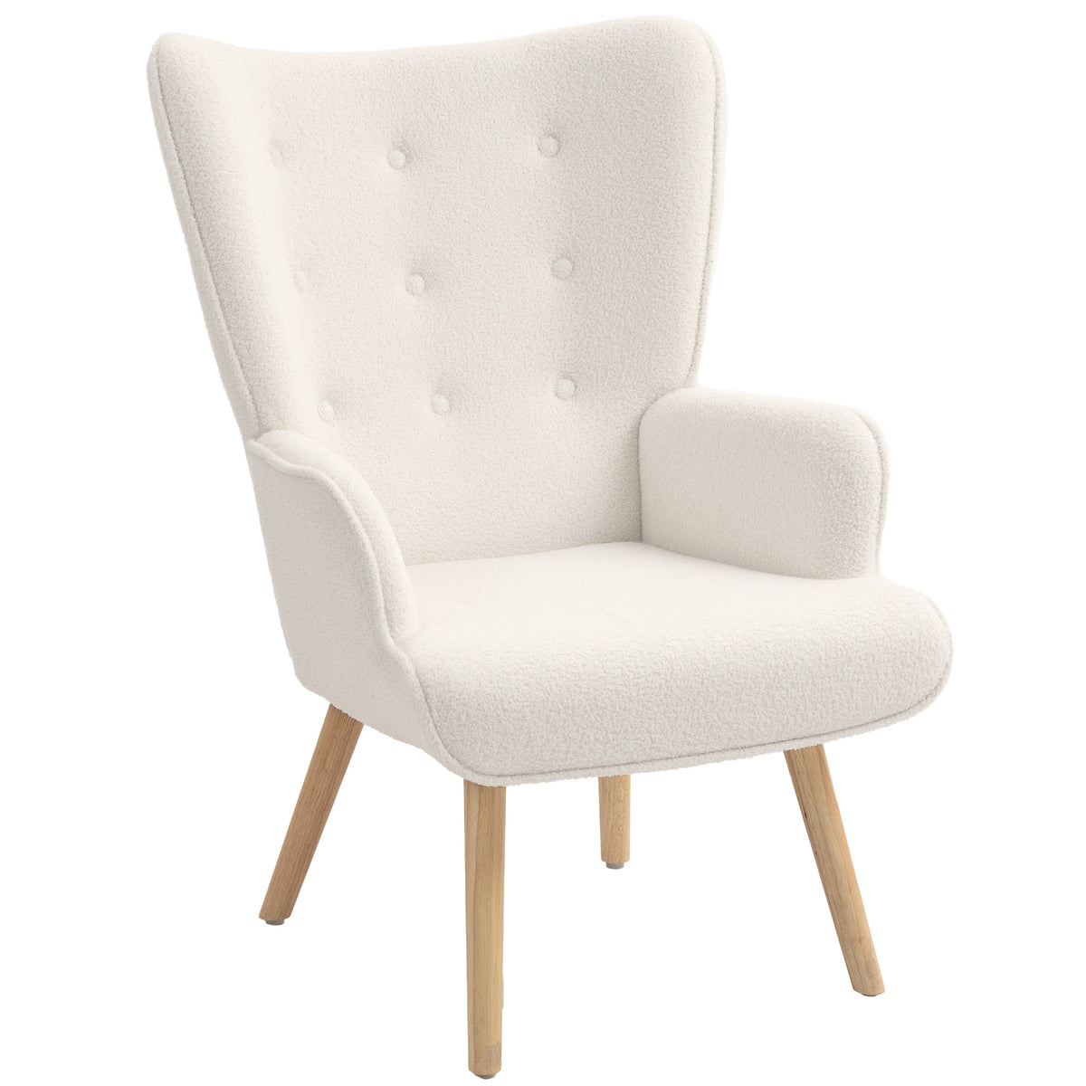 Fauteuil de salon en tissu bouclette, fauteuil capitonné et rembourré avec pieds en bois, 71 x 74 x 96 cm, beige-0
