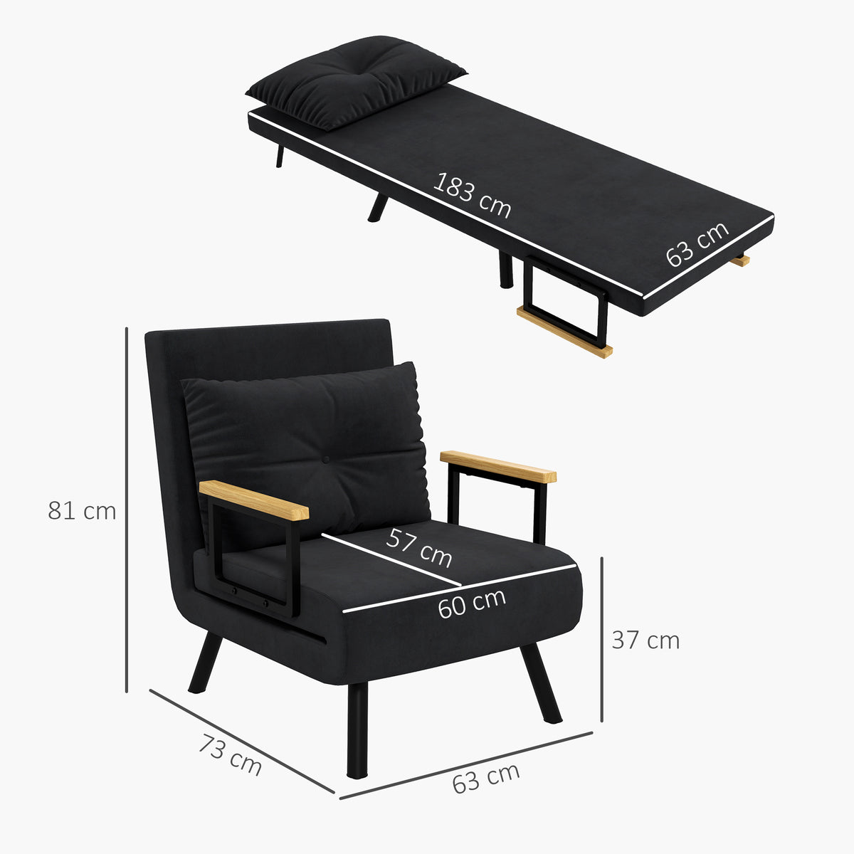 Fauteuil convertible 4 en 1 lit 1 place dossier 5 positions, accoudoirs en bois et coussin, tissu effet velours, noir-2