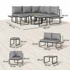 Salon de jardin extérieur 6 personnes modulable table basse et plateaux latéraux en bois PSPC coussins épais 10cm gris-2