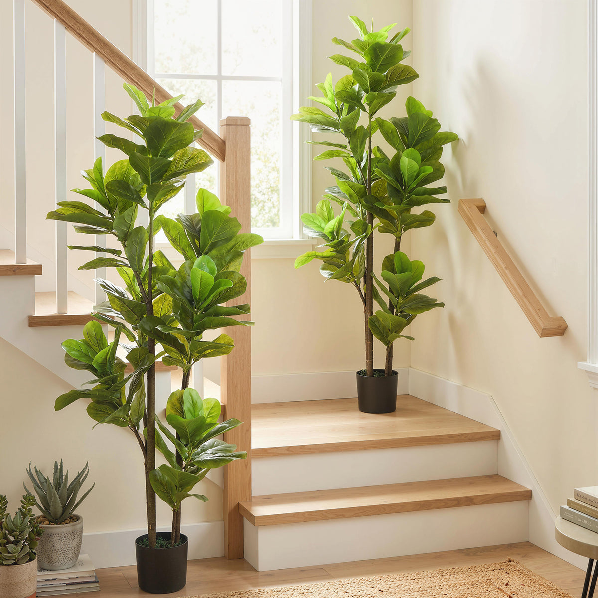 Lot de 2 plantes artificielles intérieures 150 cm, fausse plante à figuier lyre avec pot en ciment, vert-1