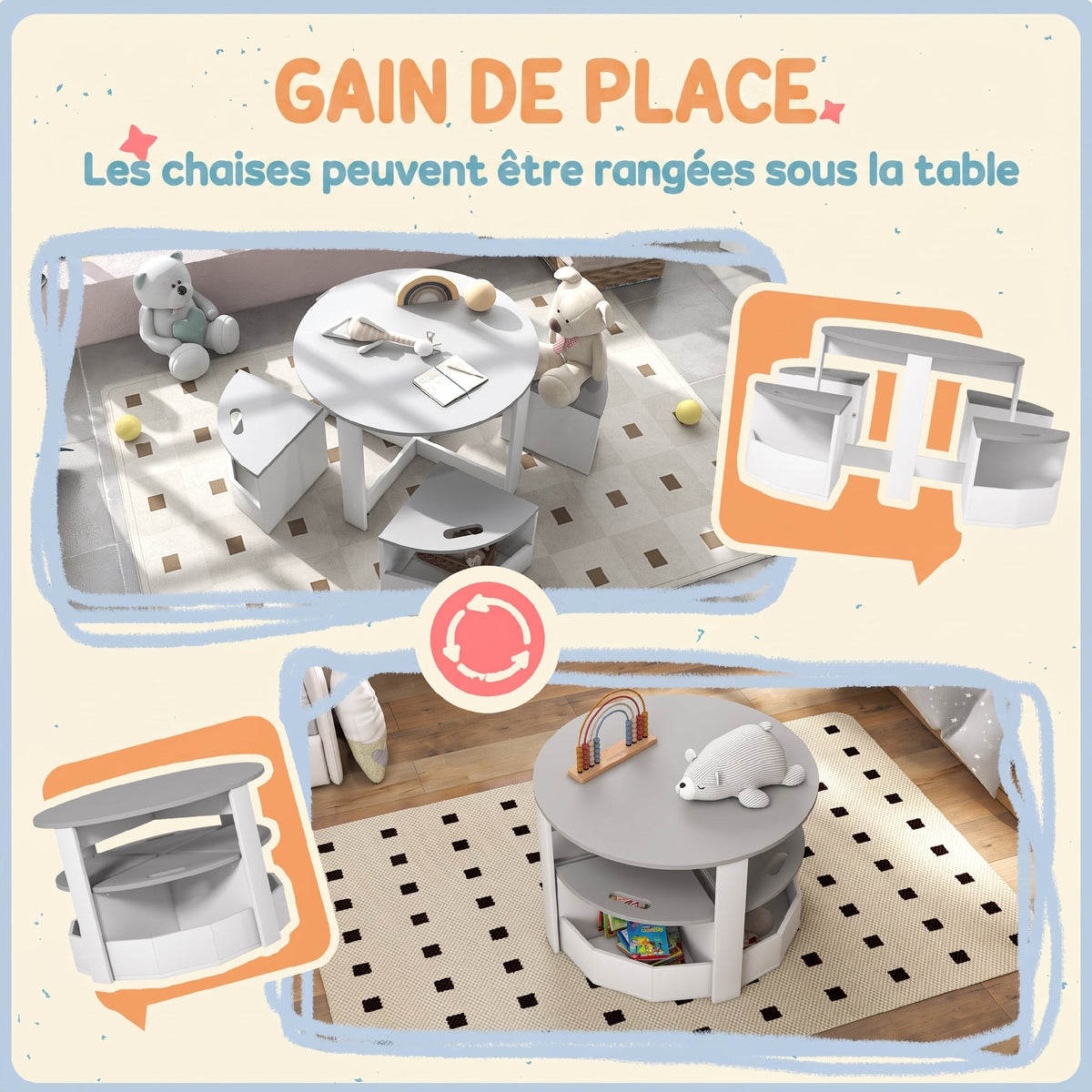 Table Enfant avec 4 Chaises 5 Pièces avec Rangement, Cadeau pour Fille Garçon 3-8 Ans, Ø 78 x 49 cm, Gris-4