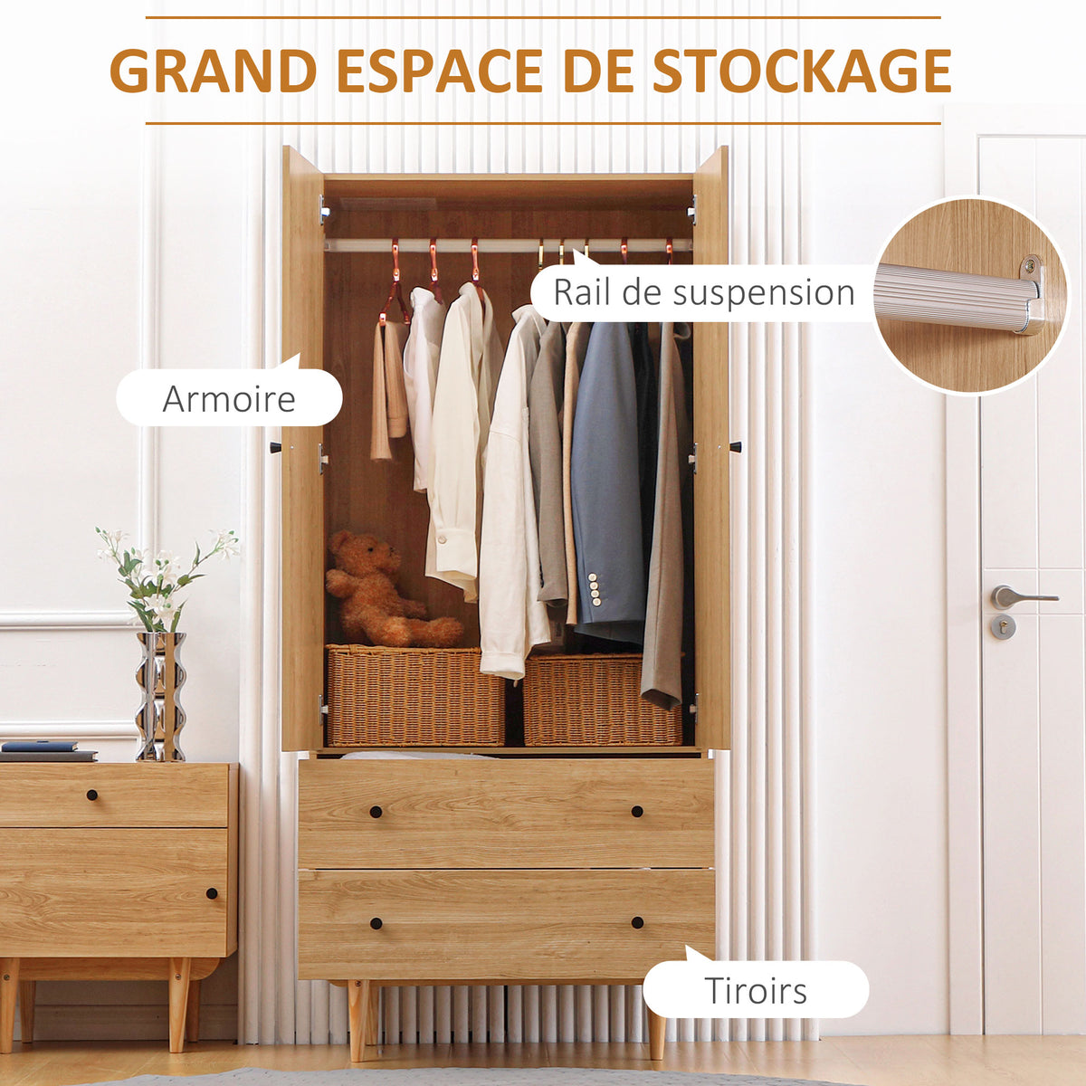 Armoire à vêtements armoire de rangement penderie avec 2 portes, 2 tiroirs et tringle - 80 x 52 x 180 cm - aspect bois-4