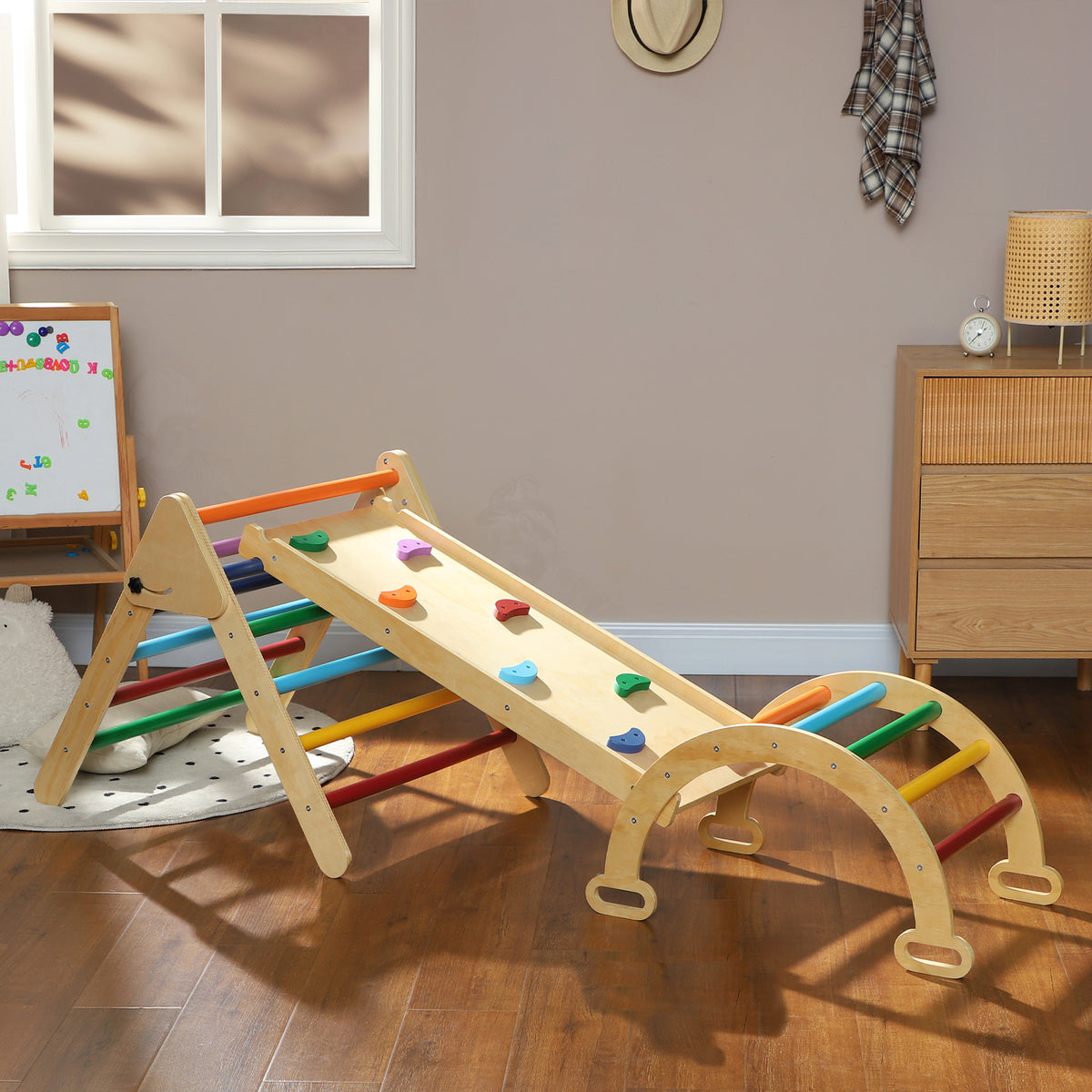 5 en 1 Triangle arche d'escalade enfants avec rampe d'escalade réversible toboggan bascule multicolore-1