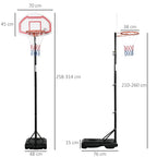 Panier de basket extérieur avec poteau panneau, base de lestage sur roulettes hauteur réglable 2,1-2,6 m (panier) - acier, noir blanc et rouge-2