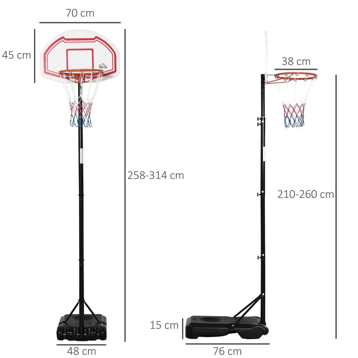 Panier de basket extérieur avec poteau panneau, base de lestage sur roulettes hauteur réglable 2,1-2,6 m (panier) - acier, noir blanc et rouge-2
