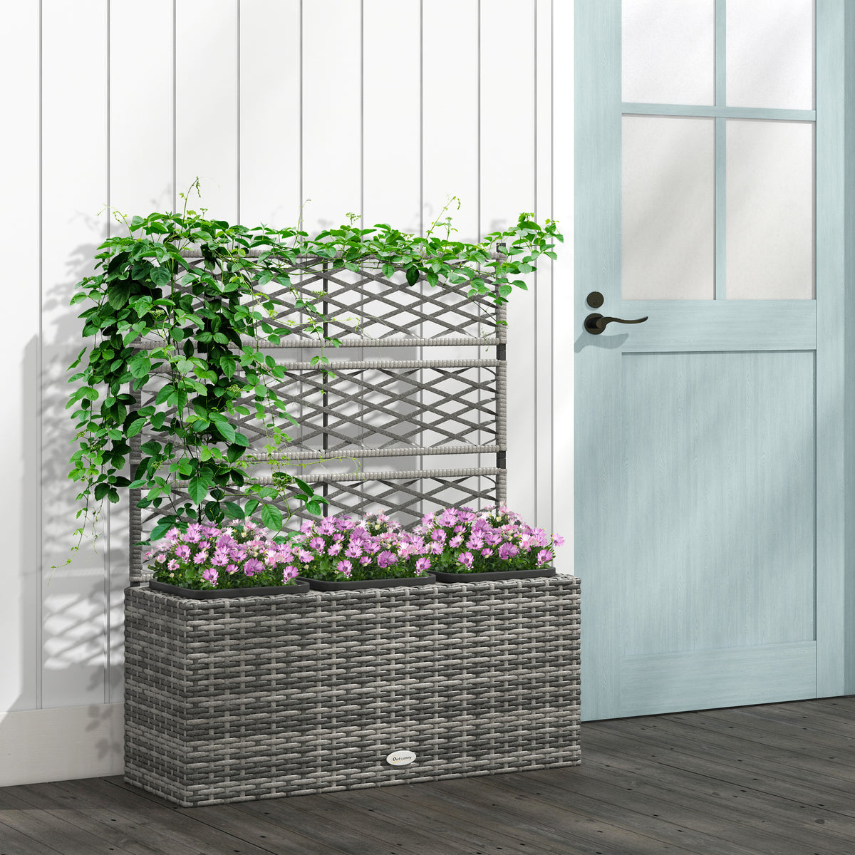 Jardinière pour plantes avec treillis 3 bacs à plante 33L en résine tressée et acier dim. 84L x 30L x 107H cm-1