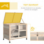 Cage à lapin clapier sur roulettes petit enclos animaux en bois massif 2 étages toit ouvrant plates-formes 91,5 x 53,3 x 73 cm bois naturel-4