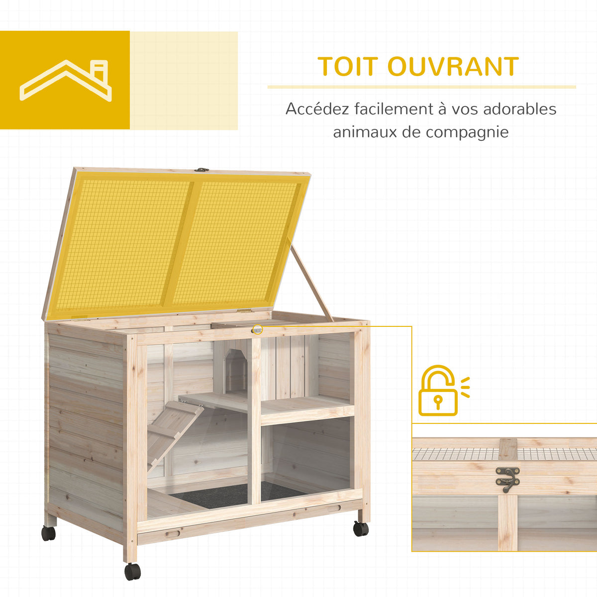Cage à lapin clapier sur roulettes petit enclos animaux en bois massif 2 étages toit ouvrant plates-formes 91,5 x 53,3 x 73 cm bois naturel-4