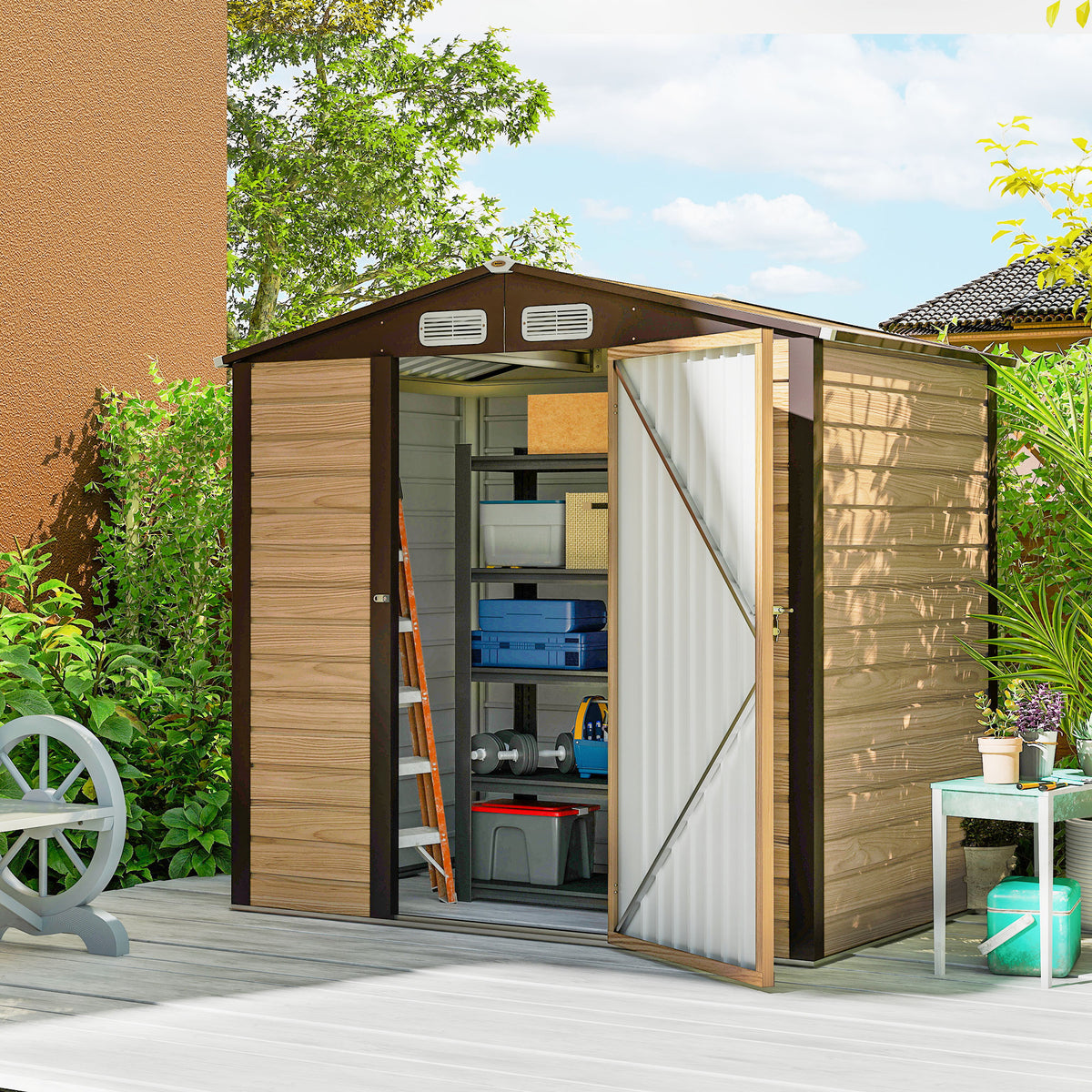Abri de Jardin 2,27 m² gants inclus porte verrouillable ventilations acier galvanisé 190 x 131 x 188 cm chêne-1