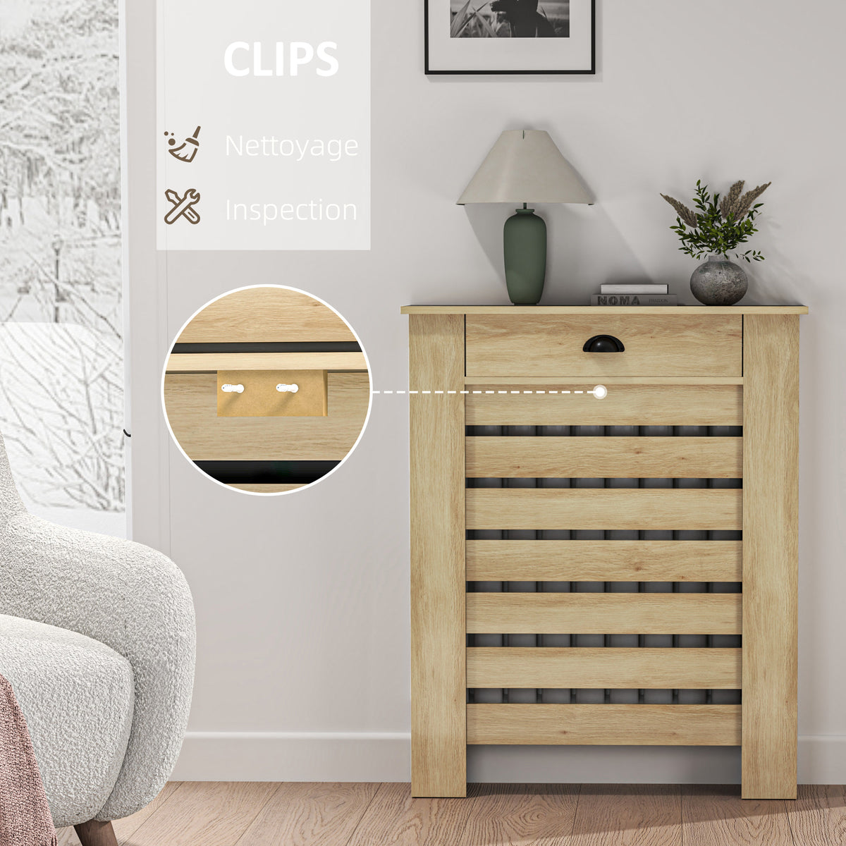 Couvercle de radiateur cache radiateur grille à lattes horizontales avec 2 tiroirs en bois 78l x 19P x 95,5H cm chêne-4