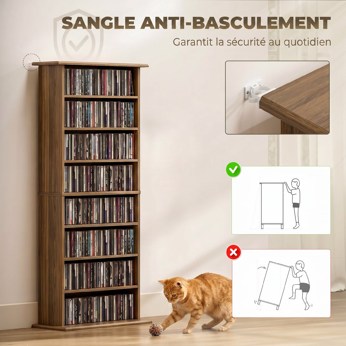 Rangements pour CD et DVD avec 8 compartiments et 6 étagères réglables, capacité max. 360 CD/185 DVD et Blu-ray, noyer-5
