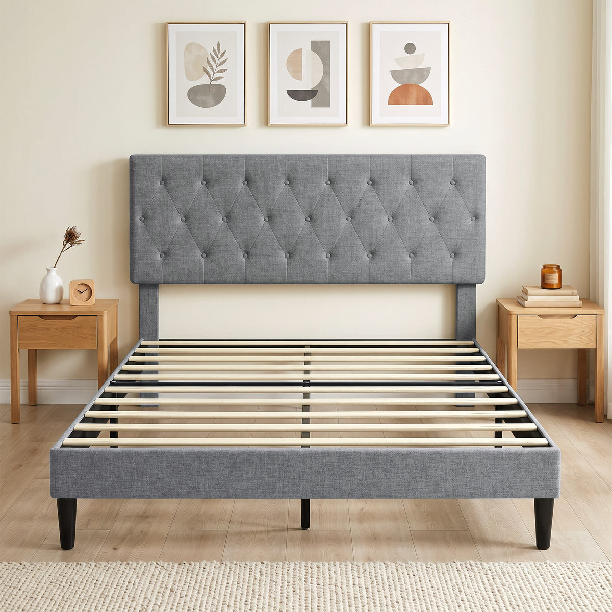 Cadre de Lit 140 x 190 cm avec Sommier, Lit Double Rembourré en Lin, Tête Capitonnée, Support à 10 Lattes, Gris-1