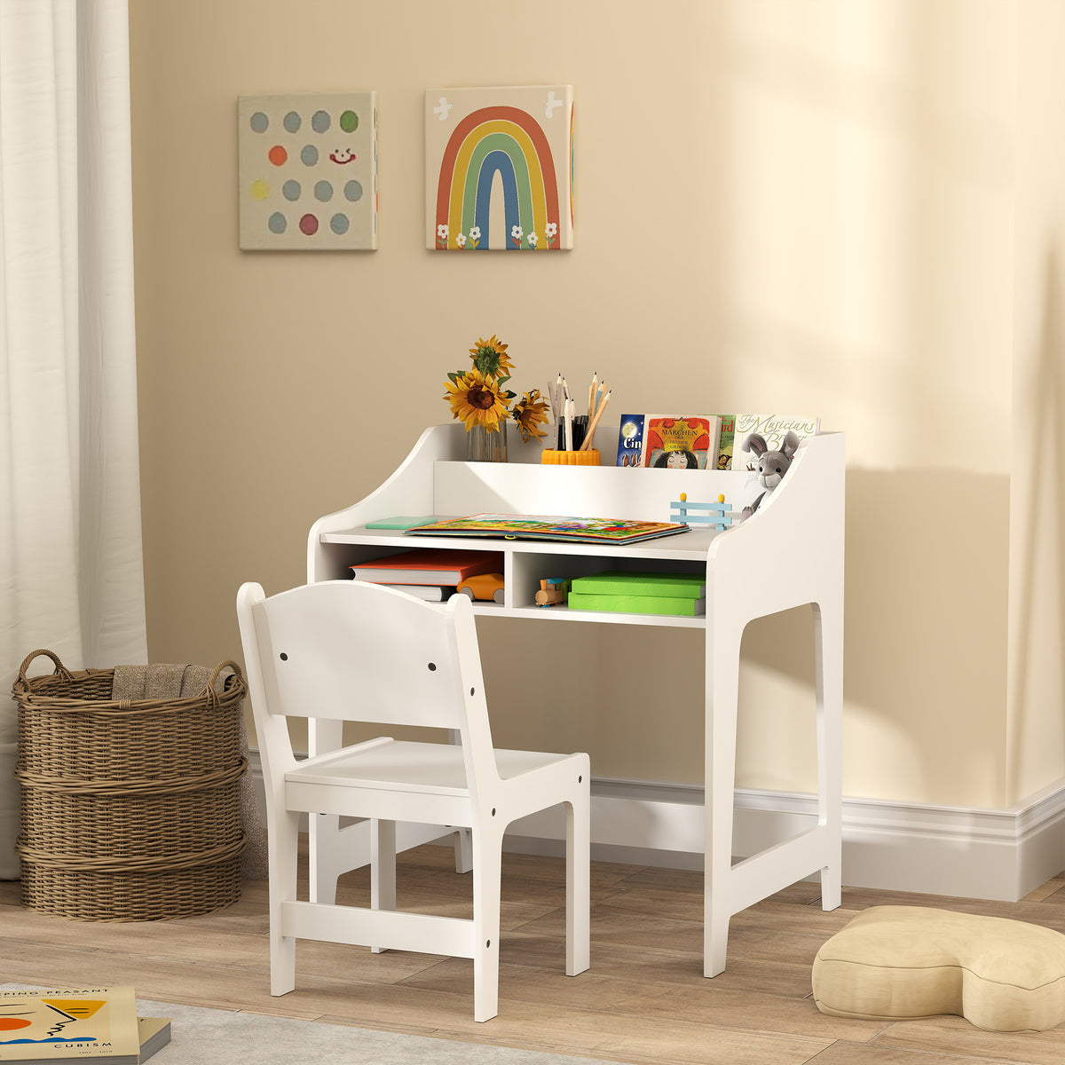 Ensemble bureau et chaise pour enfant 3 à 8 ans avec compartiments et étagères ouverts, blanc-1