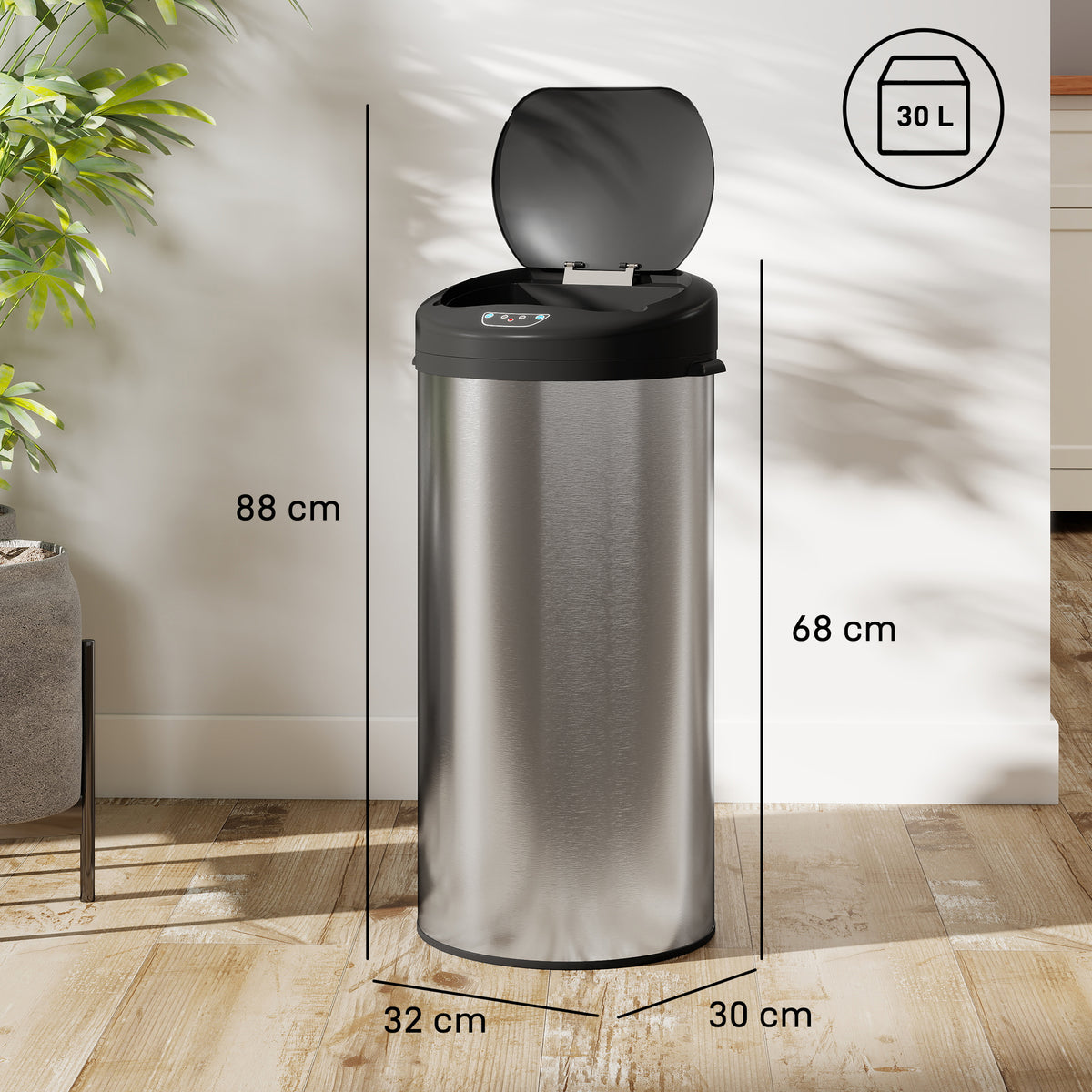 Poubelle de cuisine automatique 30 L en acier inoxydable, couvercle à fermeture en douceur, 32 x 30 x 68 cm, argent-2