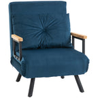 Fauteuil convertible 3 en 1 lit 1 place dossier 5 positions, accoudoirs en bois et coussin, tissu effet velours, bleu-0
