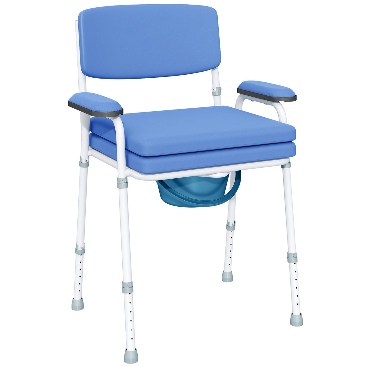 Chaise percée toilette multifonctions seau amovible hauteur réglable avec dossier siège et accoudoirs rembourrés bleu-0