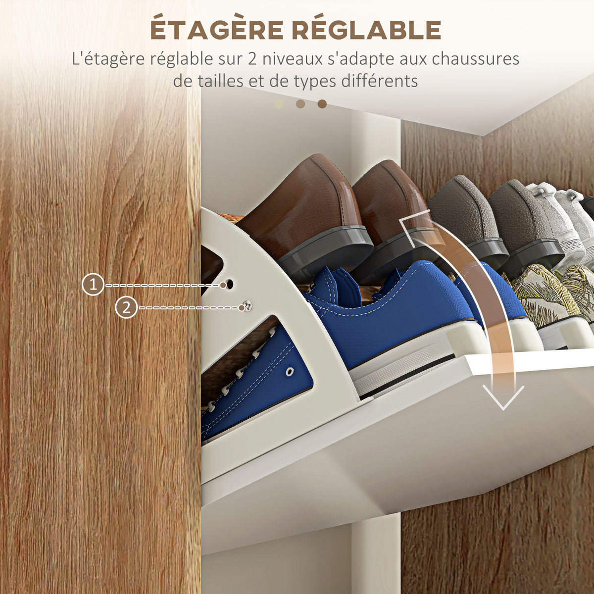 Meuble à chaussures 3 abattants avec étagère réglable, 72L x 24P x 119H cm, naturel et blanc-4