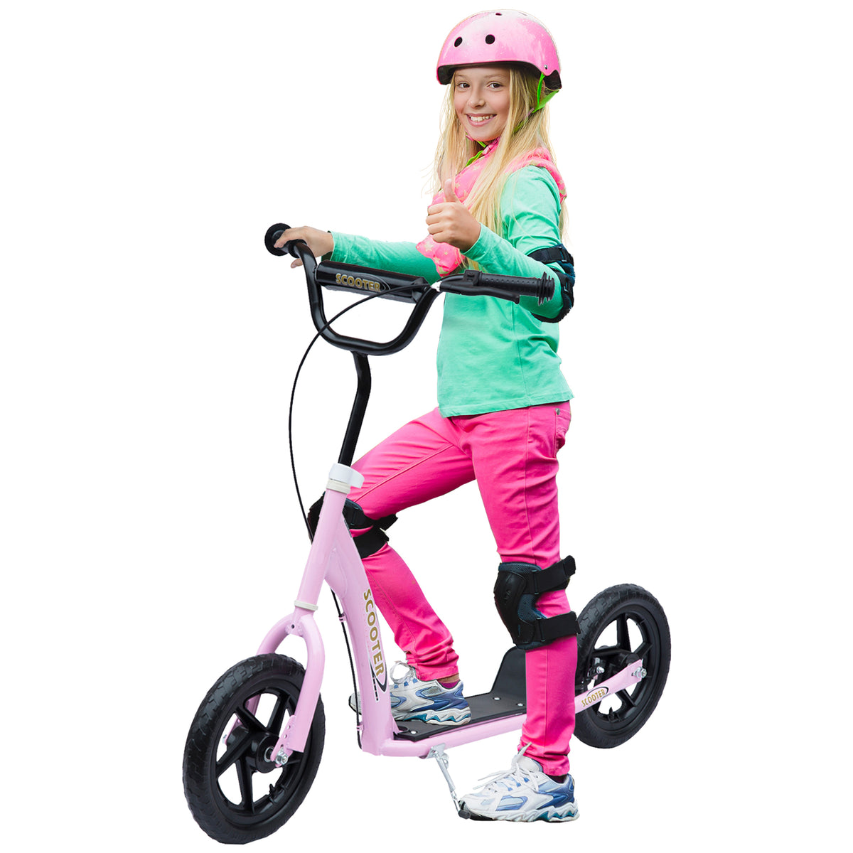Trottinette enfant patinette pneus 30 cm Hauteur Guidon réglable poignée Frein et béquille Acier pour enfants à partir de 5 ans Rose-0