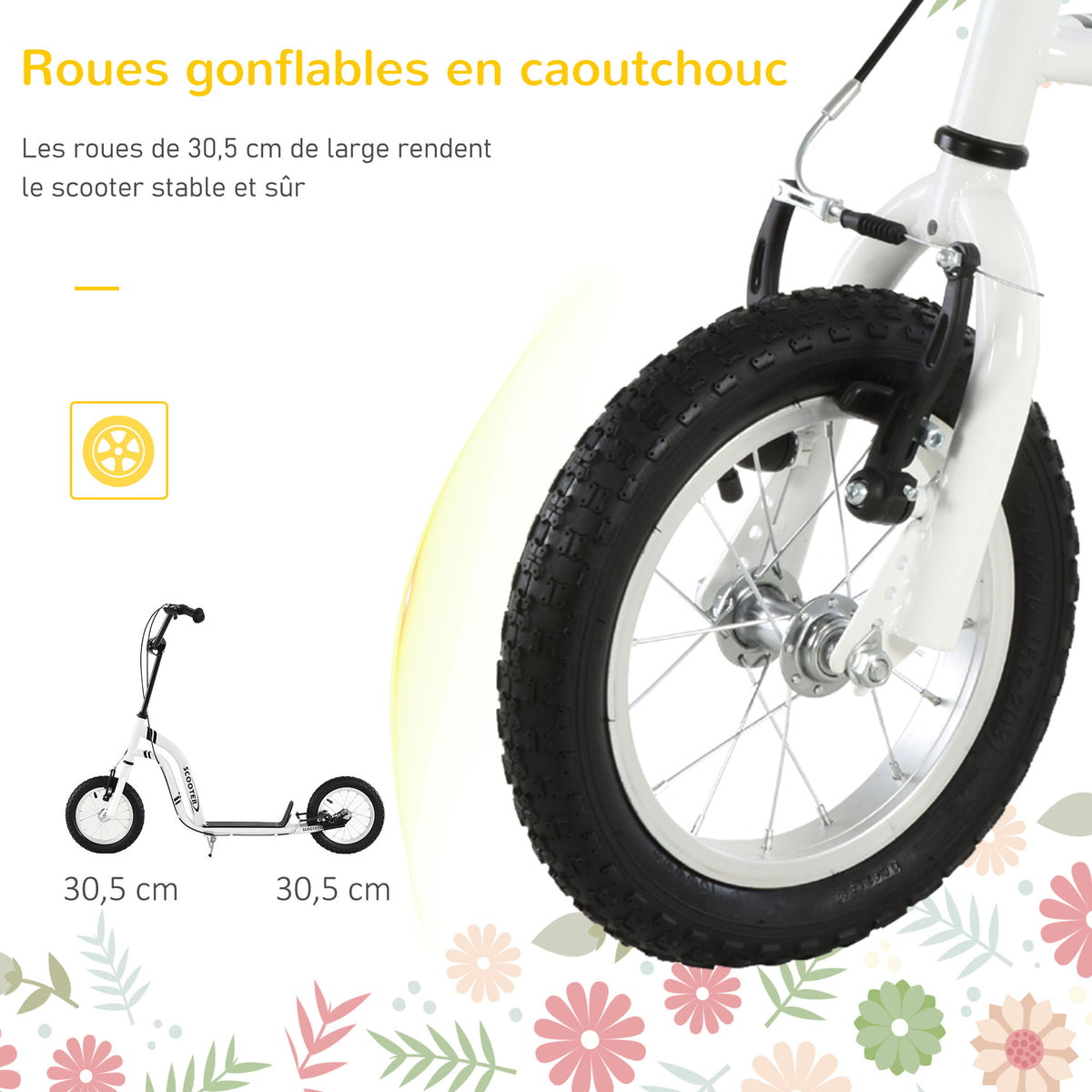Trottinette enfants, grandes roues pneumatiques 12 pouce en caoutchouc, charge 100 kg, trottinette tout terrain avec double freins, hauteur réglable et béquille latérale, 5 à 12 ans, blanc-6