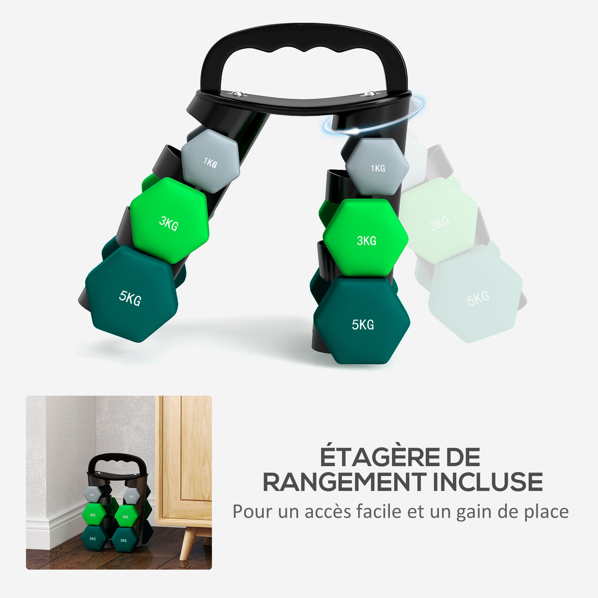 Lot d'haltères hexagonaux, haltères musculation, 2 x 1 kg, 2 x 3 kg, 2 x 5 kg, avec support convertible d'haltères-4