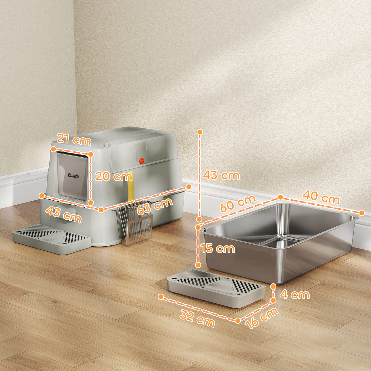 Bac à Litière pour Chat 80L en Inox avec Couvercle Rabattable à 180°, Tiroir Coulissant, Pelle, 63x43x43cm, Gris Clair-2