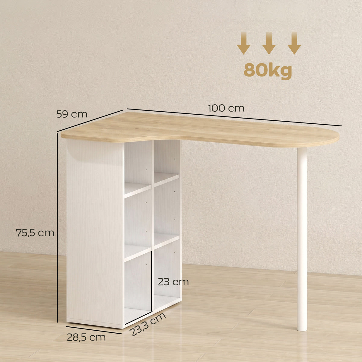 Bureau irrégulier table d'ordinateur 100 x 59 cm avec 6 compartiments, 4 étagères réglables et cadre en acier, chêne-2