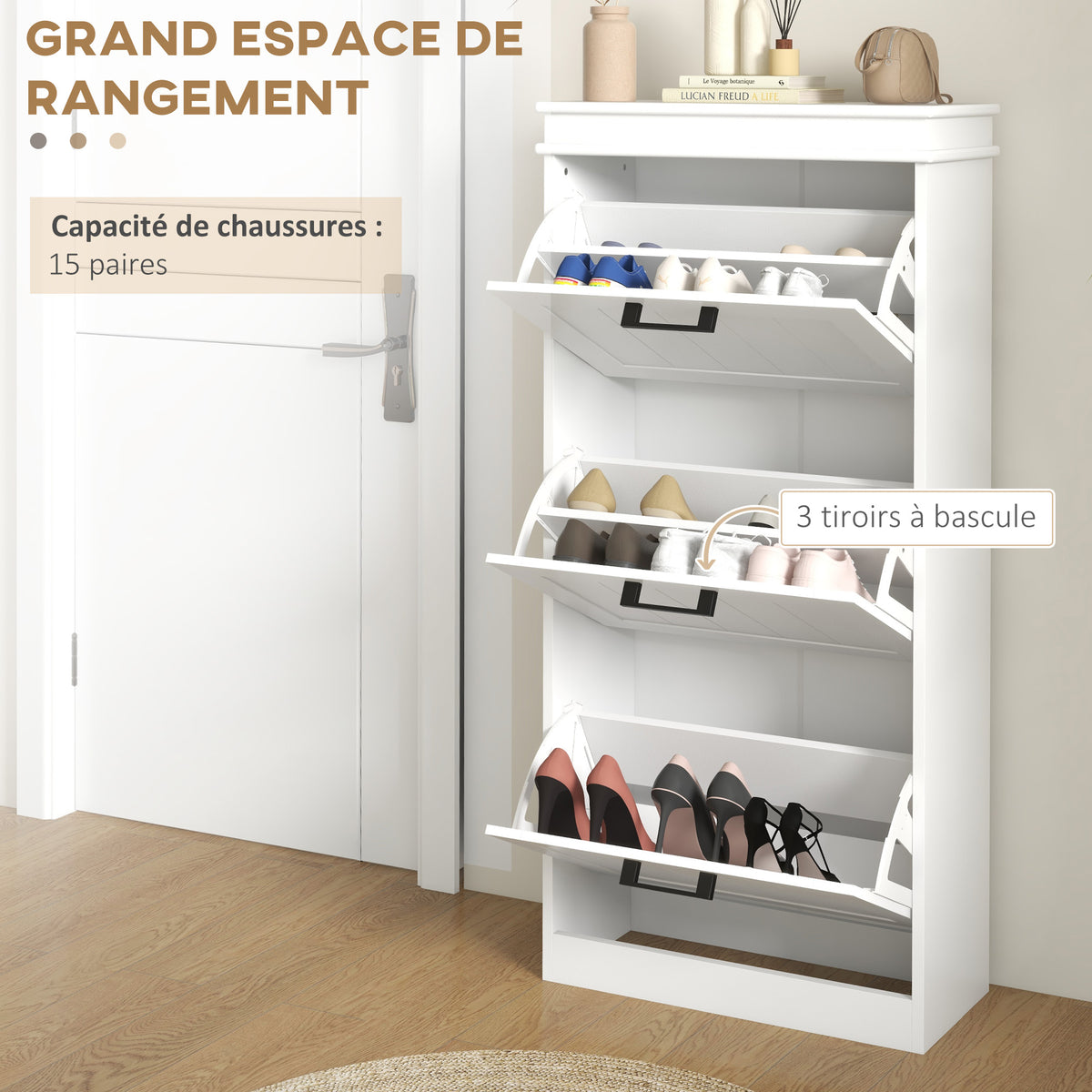 Meuble à chaussures, 3 portes abattants 15 paires, étagères réglables, pour entrée, couloir, 54 x 24 x 117,5 cm, blanc-3