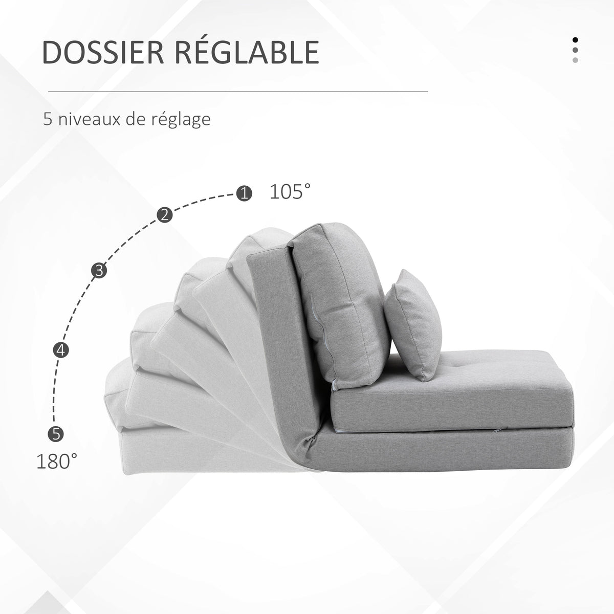 Chauffeuse canapé-lit convertible fauteuil 1 place avec 1 coussin avec dossier réglable, gris clair-3