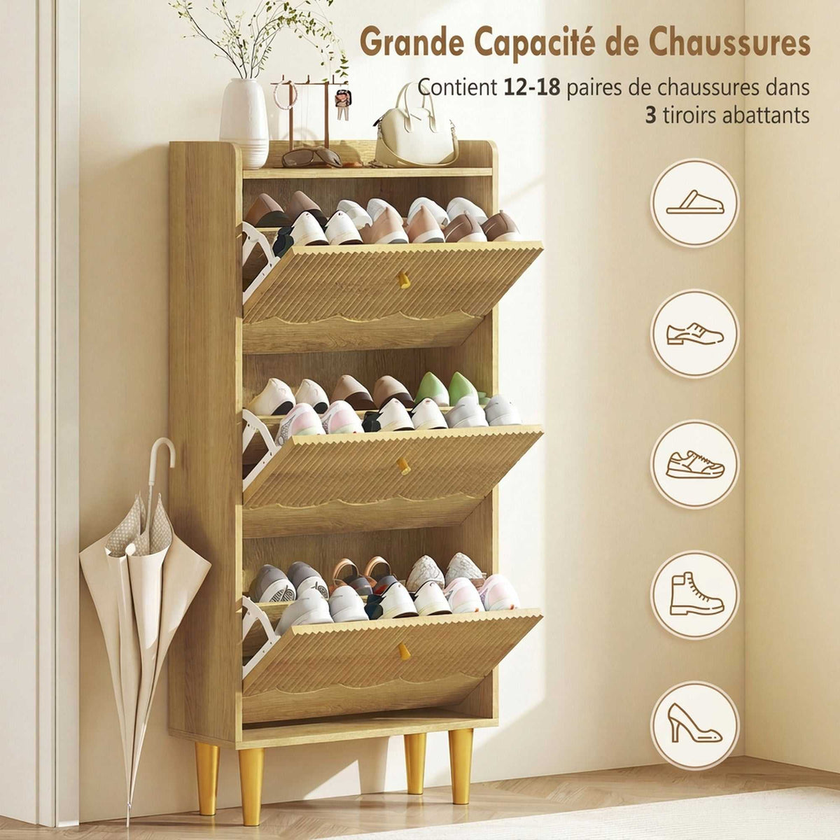 Meuble à chaussures 18 paires, armoire à chaussures étroite, 3 tiroirs rabattables étagères réglables, 60x24x128cm, chêne-4