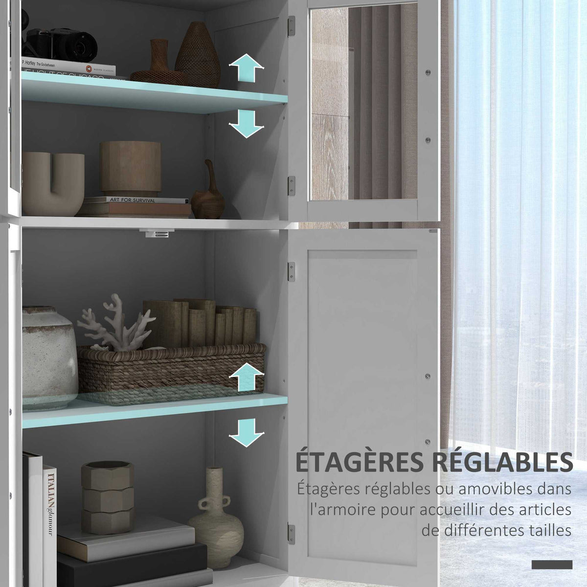 Buffet de cuisine armoire multi-rangements 2 placards, portes en verre, 4 étagères en bois blanc-4