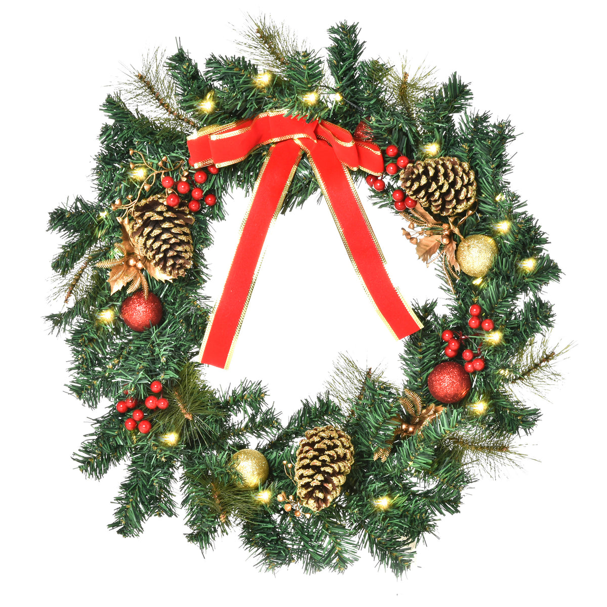 Couronne de Noël artificielle lumineuse avec 20 LED de 60 cm - décorée de houx et de pommes de pin-9