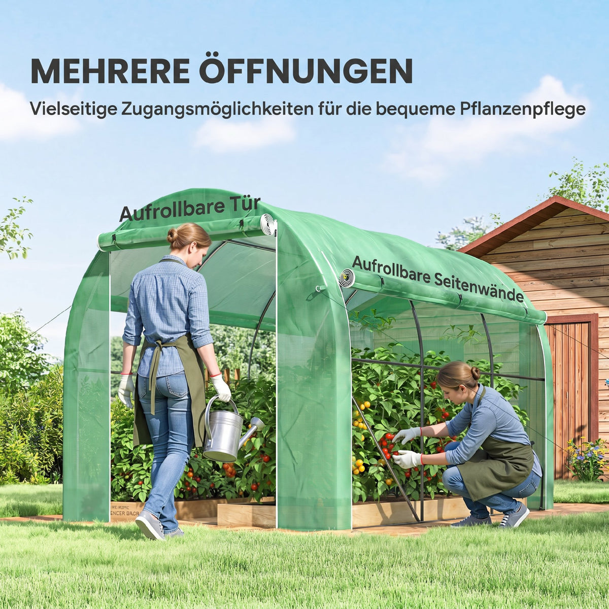 Serre tunnel de jardin 6 m² 3 x 2 m avec 1 porte + 2 parois latérales zippées enroulables, 6 fenêtres, vert-4