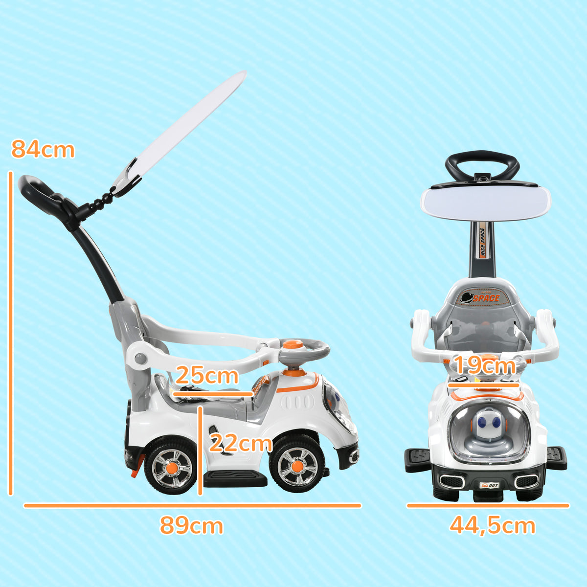 Porteur enfants, porteur bébé voiture à pousser 3 en 1 avec robot thème, pédales, poignée parentale, blanc-2