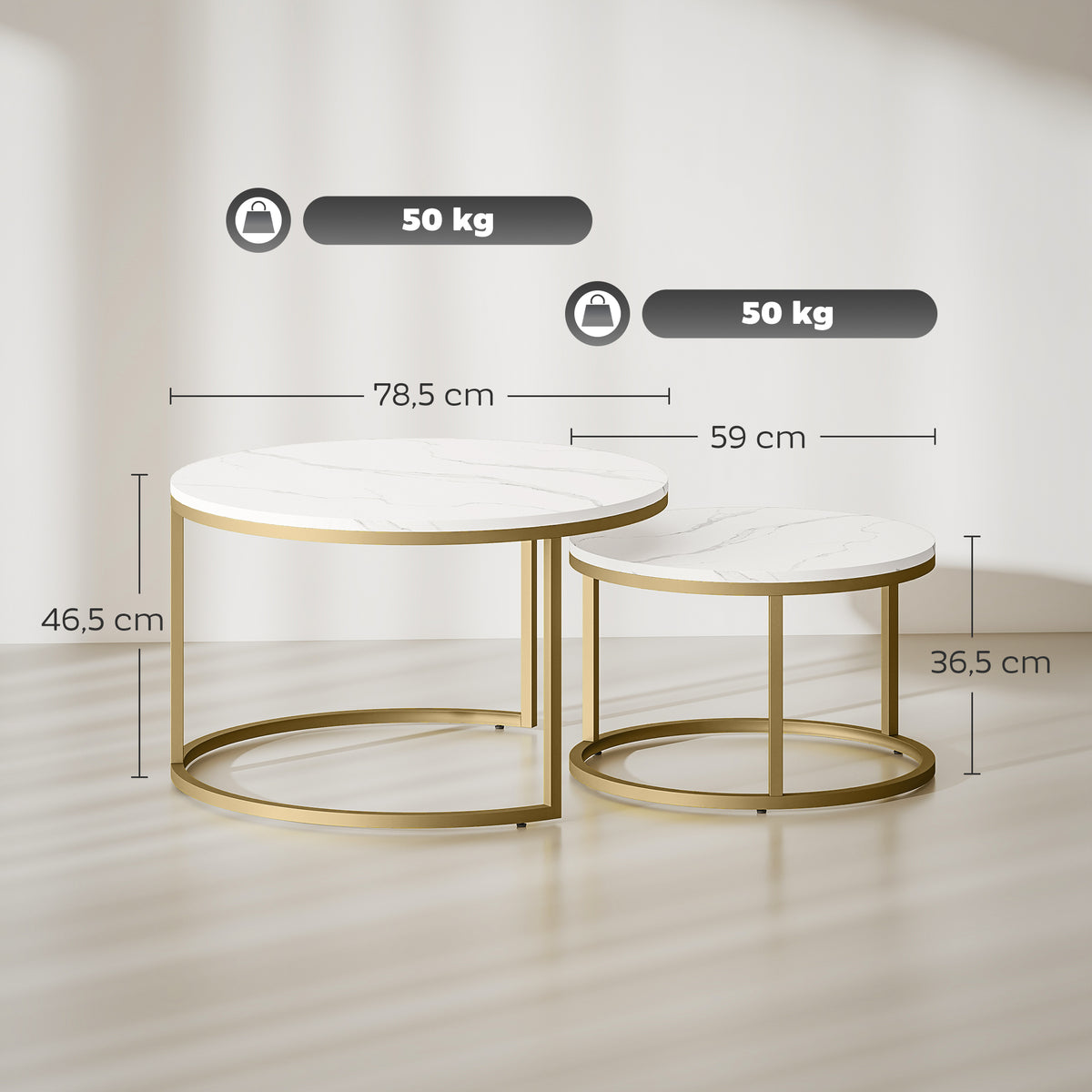 Lot de 2 tables basses gigognes empilable design industriel plateau imitation ciment pieds en métal blanc-2