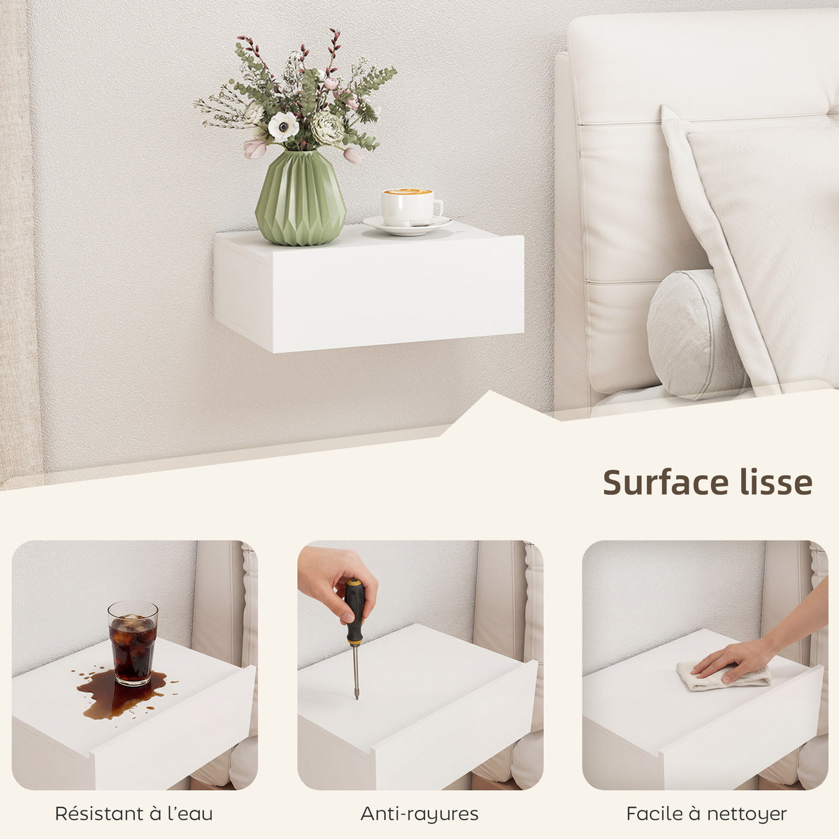 Lot de 2 tables de chevet murales, tables de nuit suspendues avec tiroir coulissant, 40 x 30 x 15 cm, blanc-5
