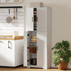 Buffet haut cuisine, armoire de cuisine, 4 portes, 10 niches, 8 porte-épices et étagères réglables, 60x35x162cm, blanc-1