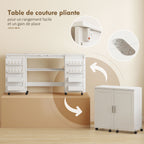 Table de couture pliante, meuble couture à roulettes, 2 portes magnétiques, 4 bacs, 20 crochets, 160x40x81,5cm, blanc-4