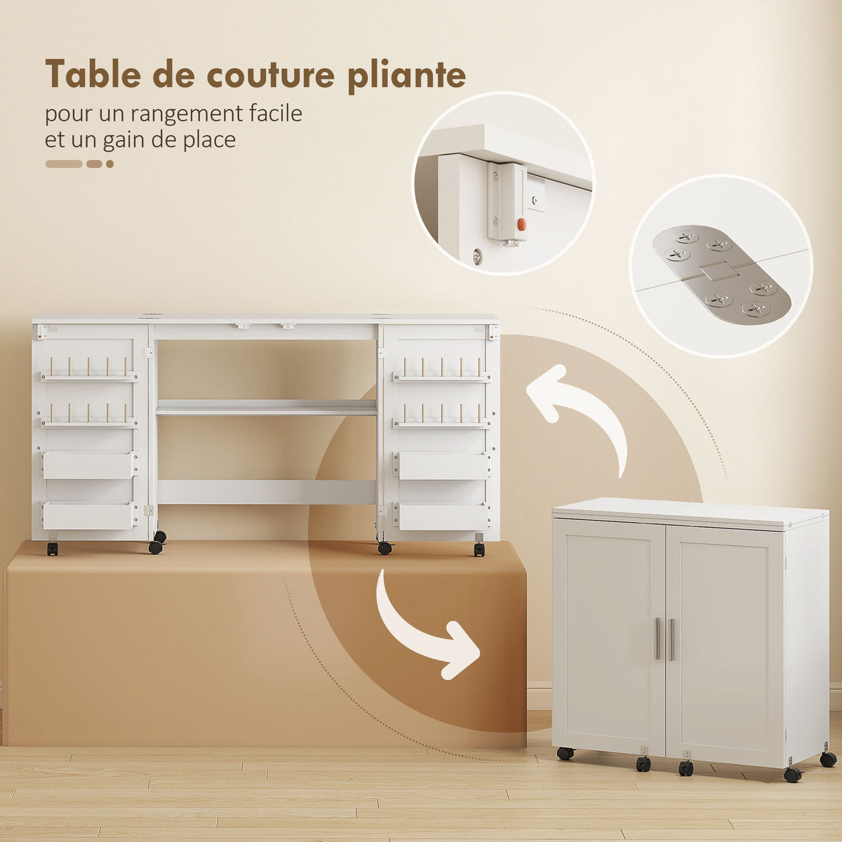 Table de couture pliante, meuble couture à roulettes, 2 portes magnétiques, 4 bacs, 20 crochets, 160x40x81,5cm, blanc-4